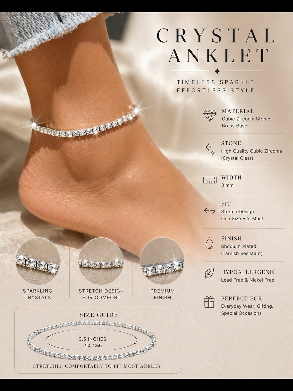 Crystal Anklet in Silver - Timeless Sparkle - Picture 2 of 4